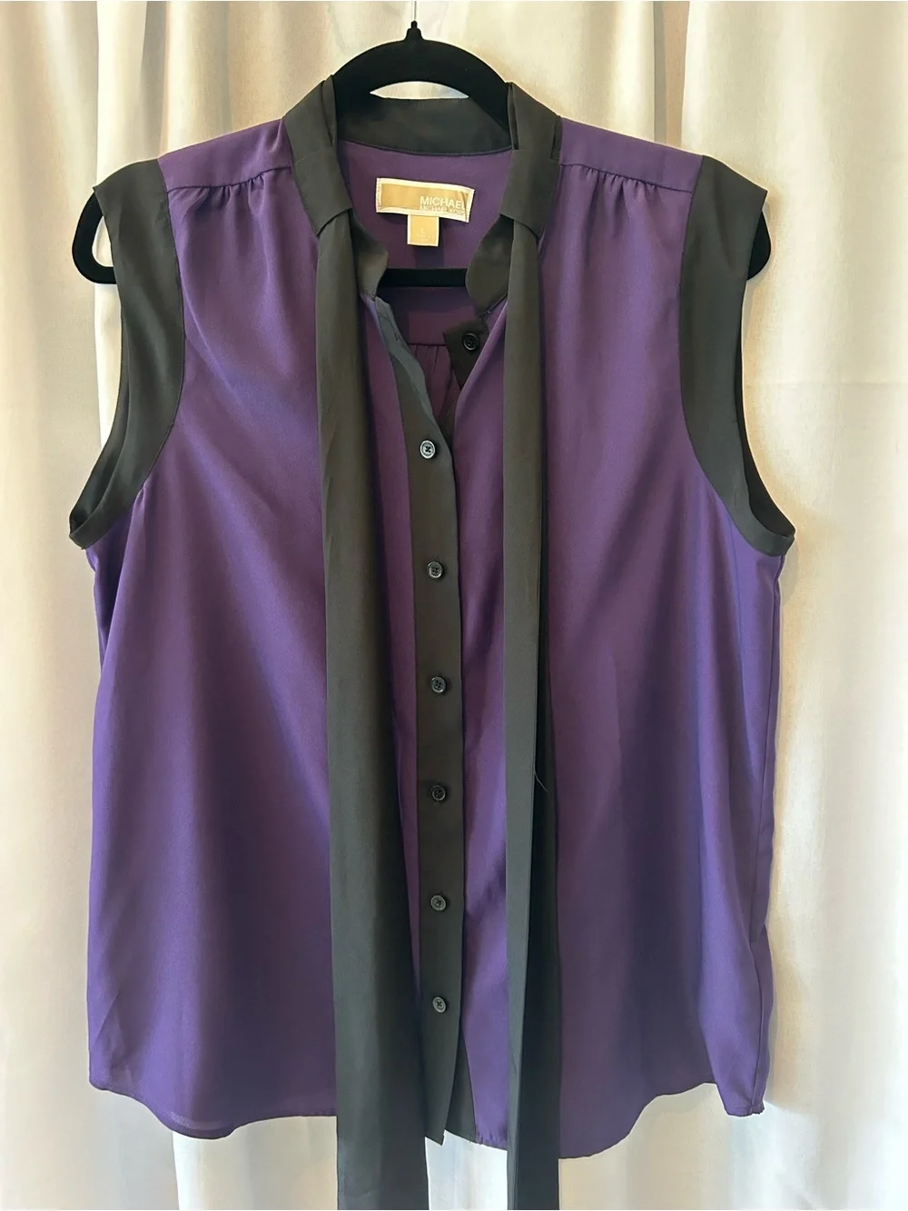 Michael Kors Purple Sleeveless Tie-Neck Blouse with Black Trim